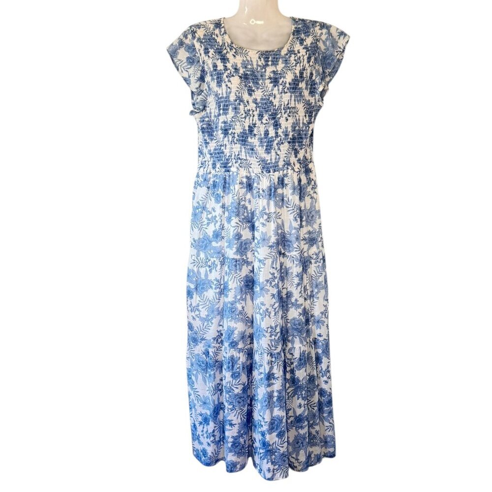 By The River Angeline Tiered Midi Dress Medium Smocked Bodice Flutter Sleeve